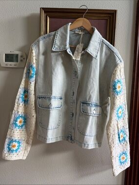 Mystree Light Wash Denim Jacket with Crochet Sleeves